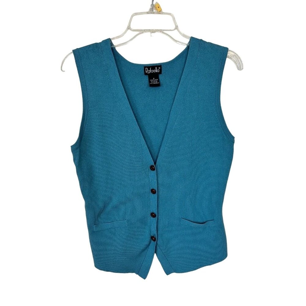 Vintage Rafaela Teal Blue Brown Button Slim Fit Womens Vest Size Small Pockets
